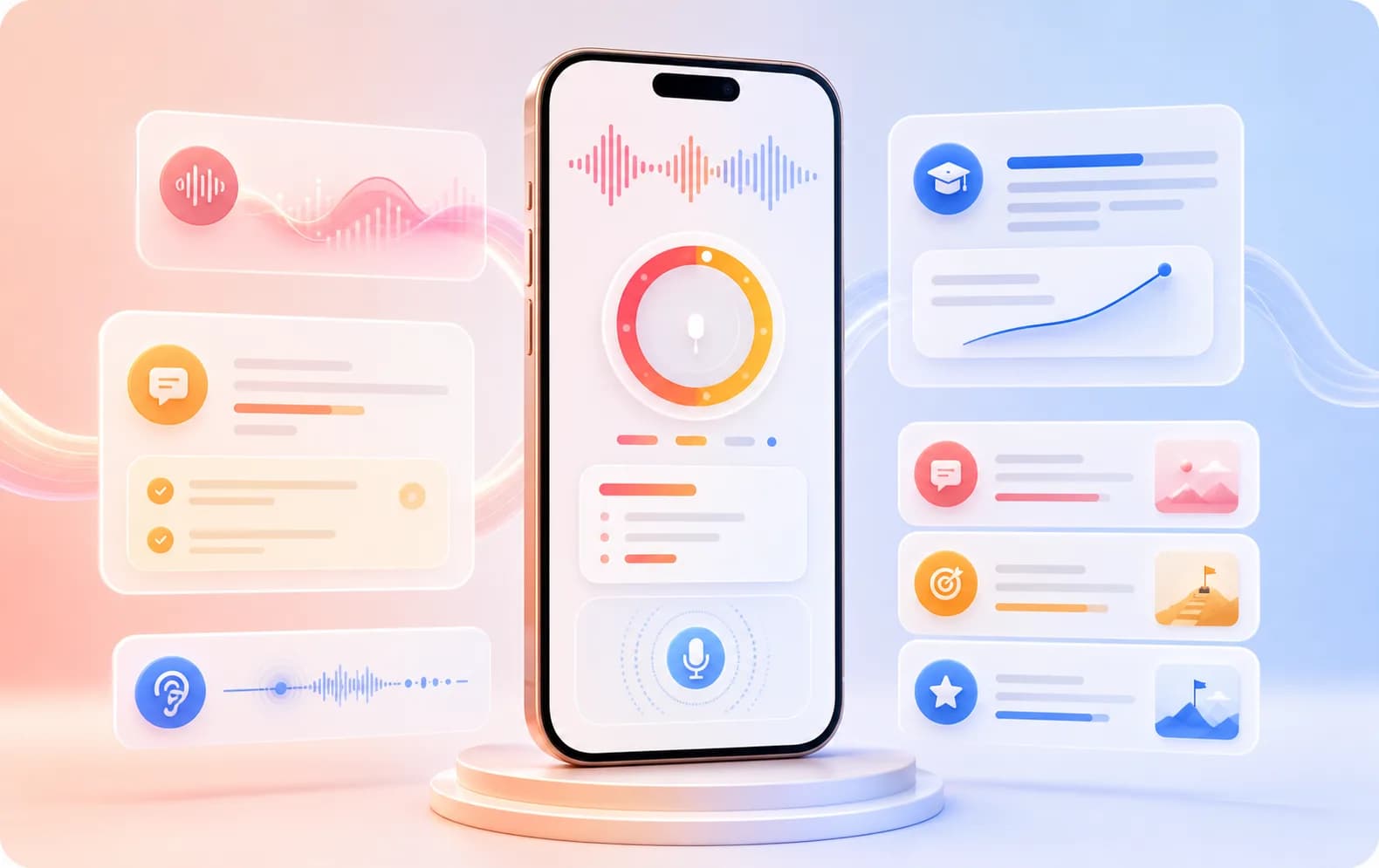 Helly AI interface visualizing speech recognition, pronunciation analysis, and adaptive lesson suggestions.