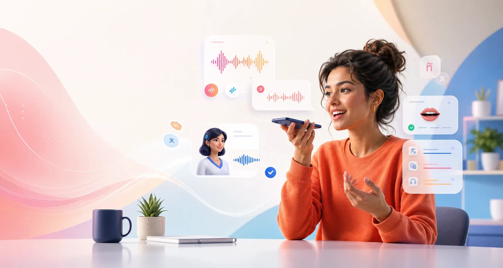 A learner speaking into a phone while Helly AI shows conversation and pronunciation guidance.